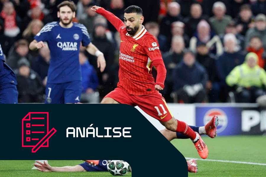 Salah, do Liverpool, durante o jogo da Liga dos Campeões contra o Paris Saint-Germain em 2024/25 Salah, do Liverpool, durante o jogo da Liga dos Campeões contra o Paris Saint-Germain em 2024/25