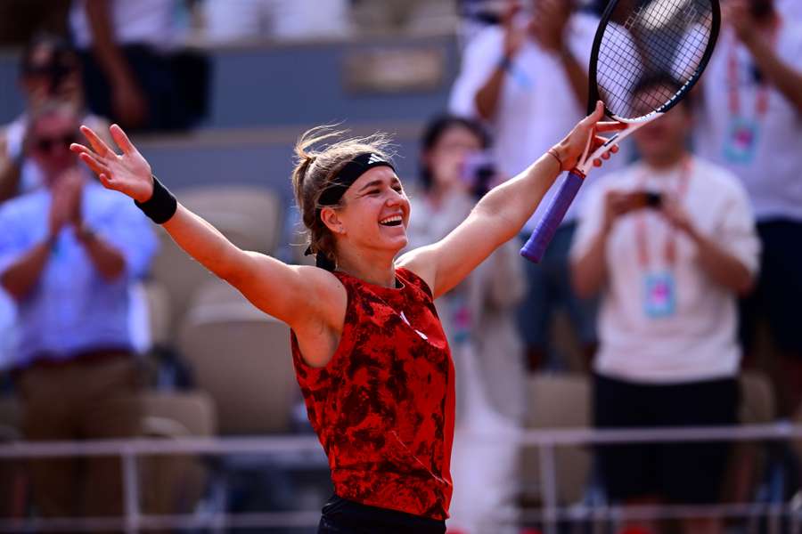 Czech Republic's Karolina Muchova celebrates her victory over Belarus' Aryna Sabalenka