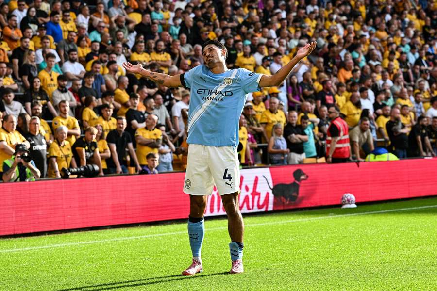 Tijjani Reijnders celebrates his debut goal for Manchester City