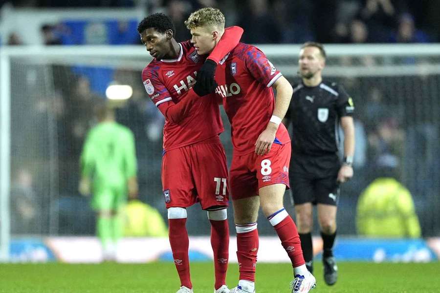 Ipswich Town's Sindre Walle Egeli (centre) celebrates scoring with teammate Jaden Philogene-Bidace