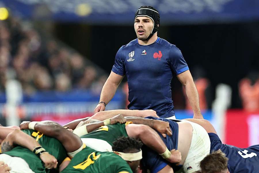 France scrum-half and captain Antoine Dupont looks on during their World Cup quarter-final defeat to South Africa at the Stade de France