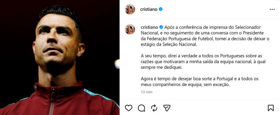 Publicação de Cristiano Ronaldo no Instagram Publicação de Cristiano Ronaldo no Instagram