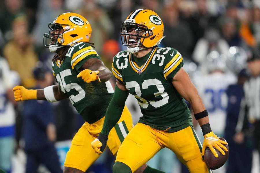 Green Bay Packers' Evan Williams (33) celebrates interception against Dallas Cowboys in Week 6 of 2026 NFL regular season