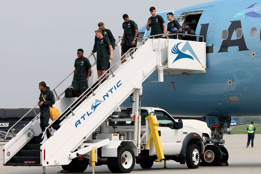 Chelsea disembark the plane as they arrive at Philadelphia International Airport ahead of the start of the FIFA Club World Cup