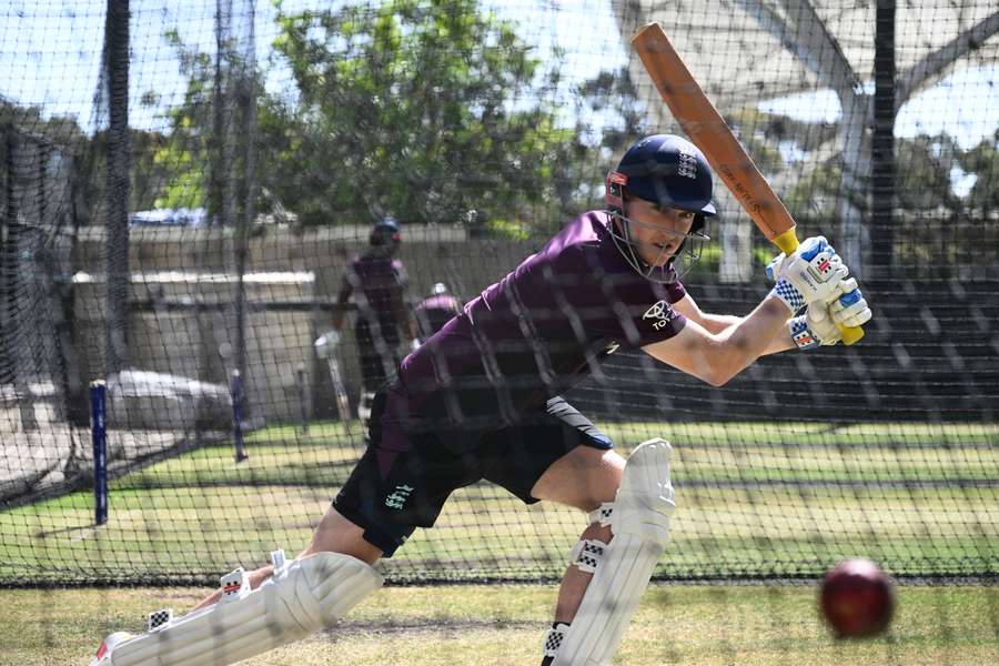 Harry Brook plays an aggressive square drive in the Adelaide Oval nets on Sunday. Harry Brook plays an aggressive square drive in the Adelaide Oval nets on Sunday.