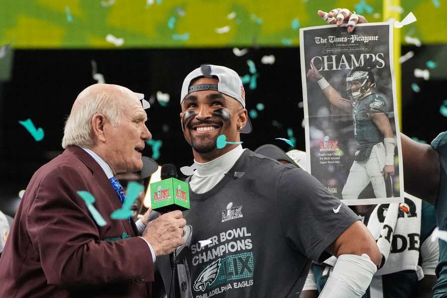 Philadelphia Eagles quarterback Jalen Hurts smiling after winning Super Bowl LIX (February 9, 2025)