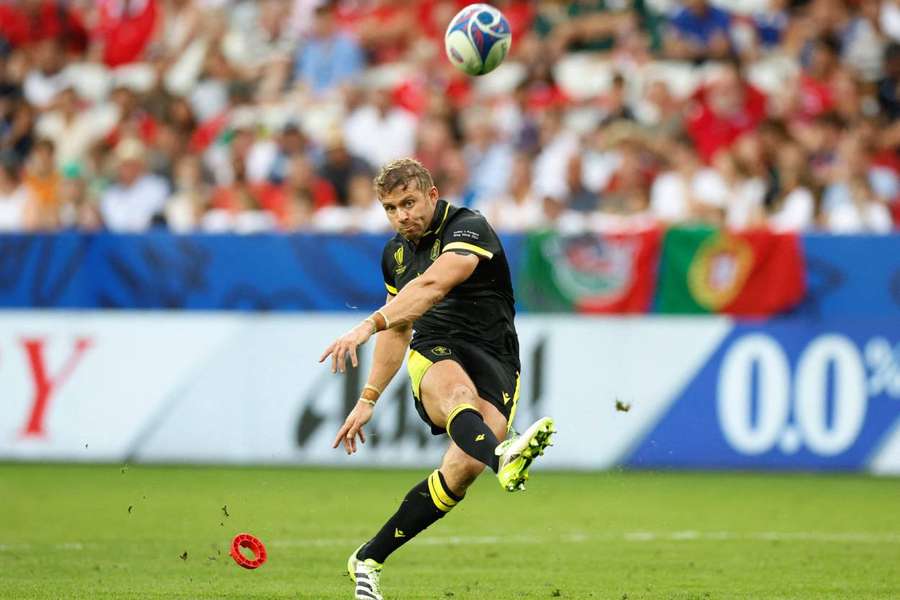 Leigh Halfpenny scores a conversion for Wales against Portugal in the 2023 Rugby World Cup