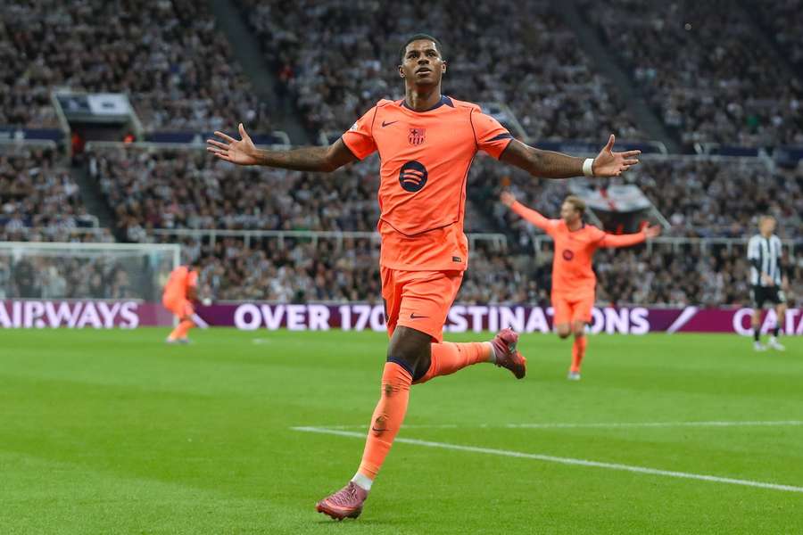 Barelona's Marcus Rashford celebrates his second goal against Newcastle United