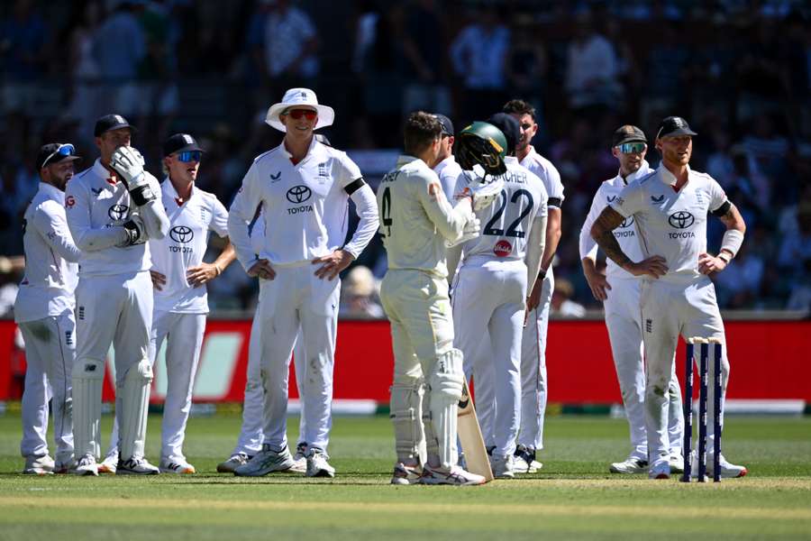 England's players look on in disbelief as the TV umpire erroneously deems Alex Carey to be not out. England's players look on in disbelief as the TV umpire erroneously deems Alex Carey to be not out.