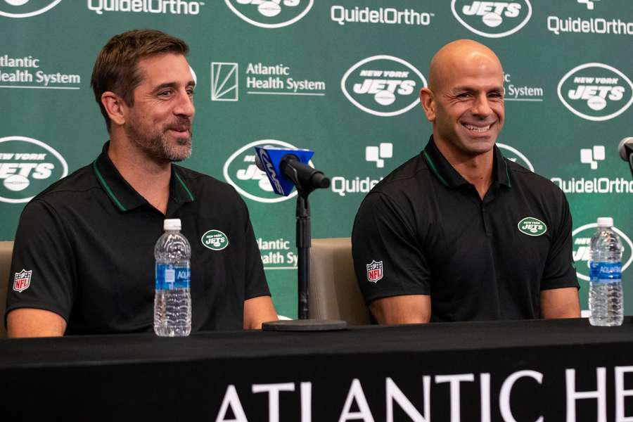 New York Jets quarterback Aaron Rodgers (left) and head coach Robert Saleh