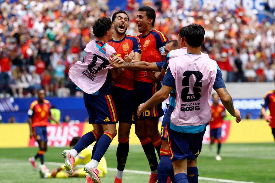 Mikel Merino celebrates scoring their second goal with teammates Mikel Merino celebrates scoring their second goal with teammates