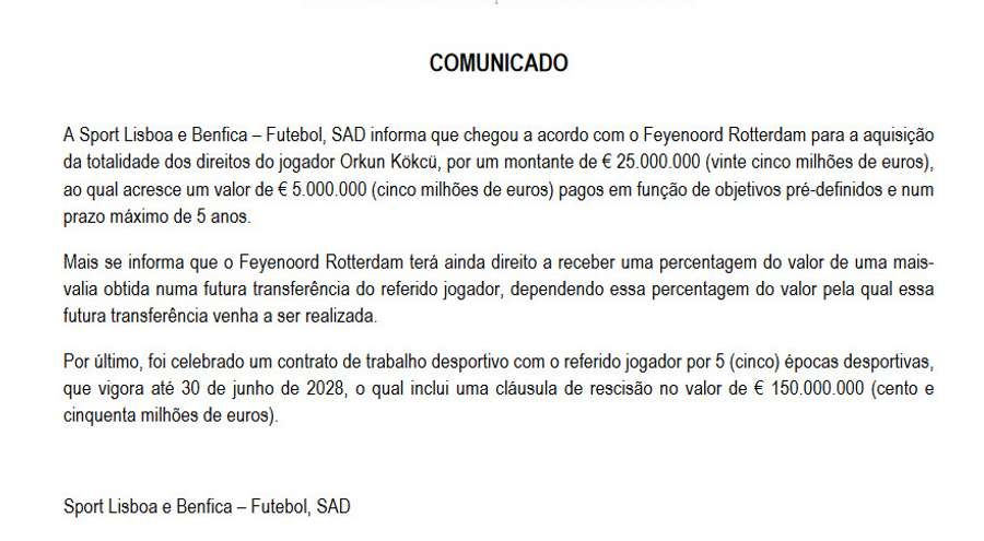 Comunicado do Benfica à CMVM Comunicado do Benfica à CMVM