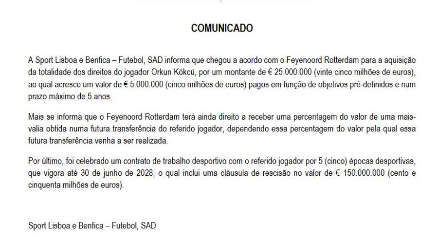 Comunicado do Benfica à CMVM