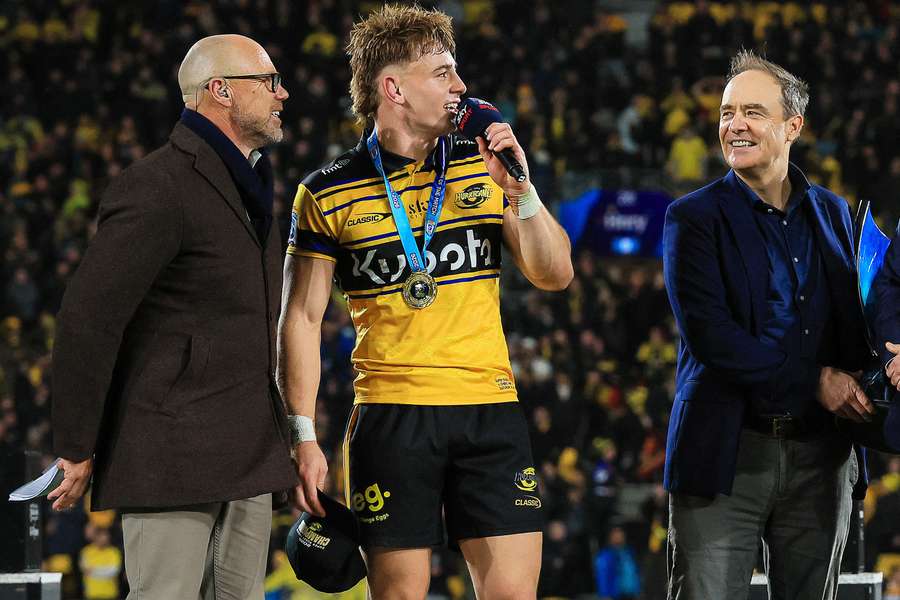Ruben Love speaks to spectators as the MVP of the 2026 Super Rugby Grand Final. Ruben Love speaks to spectators as the MVP of the 2026 Super Rugby Grand Final.