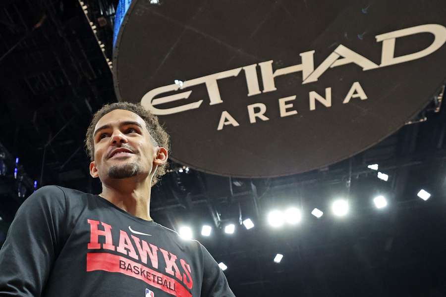 Hawks' guard Trae Young attends a press conference ahead of their pre-season game against Bucks at the Etihad Arena in Abu Dhabi.