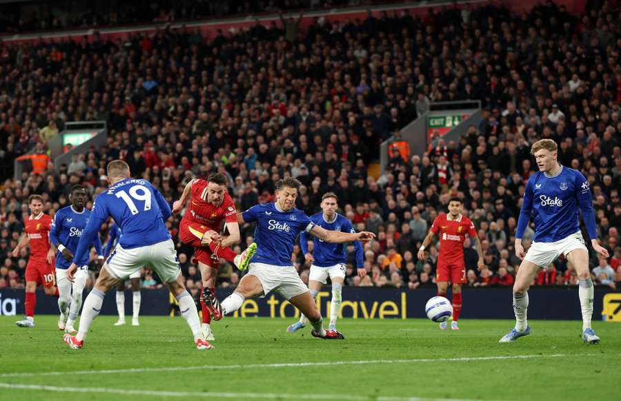 Jota scores his final Liverpool goal, in the Merseyside derby, 2025