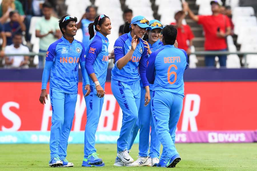 India's Deepti Sharma (R) celebrates with teammates after the dismissal of West Indies' Shemaine Campbelle