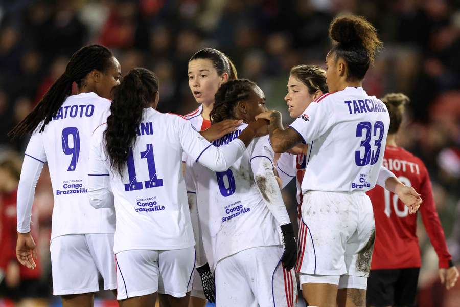 OL Lyonnes celebrate one of their three goals during their win over Manchester United in the Women's Champions League. OL Lyonnes celebrate one of their three goals during their win over Manchester United in the Women's Champions League.