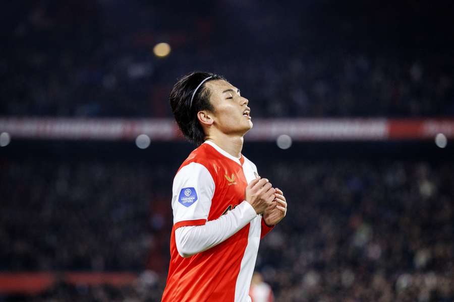 Feyenoord's Ayase Ueda celebraties scoring a goal against FC Volendam