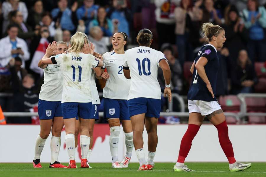 Lauren Hemp of England celebrates after scoring to make it 2-0