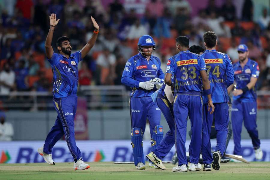 Mumbai Indians' Jasprit Bumrah and Jonny Bairstow celebrate the wicket of Gujarat Titans' Kusal Mendis Mumbai Indians' Jasprit Bumrah and Jonny Bairstow celebrate the wicket of Gujarat Titans' Kusal Mendis
