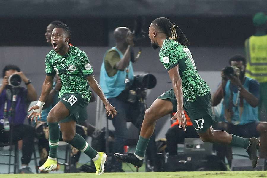 Ademola Lookman (L) celebrating a goal for Nigeria