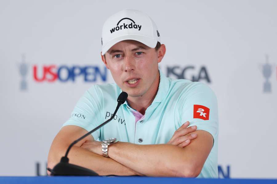 Defending champion Matt Fitzpatrick of England speaks to the media prior to the 123rd US Open golf championship in Los Angeles