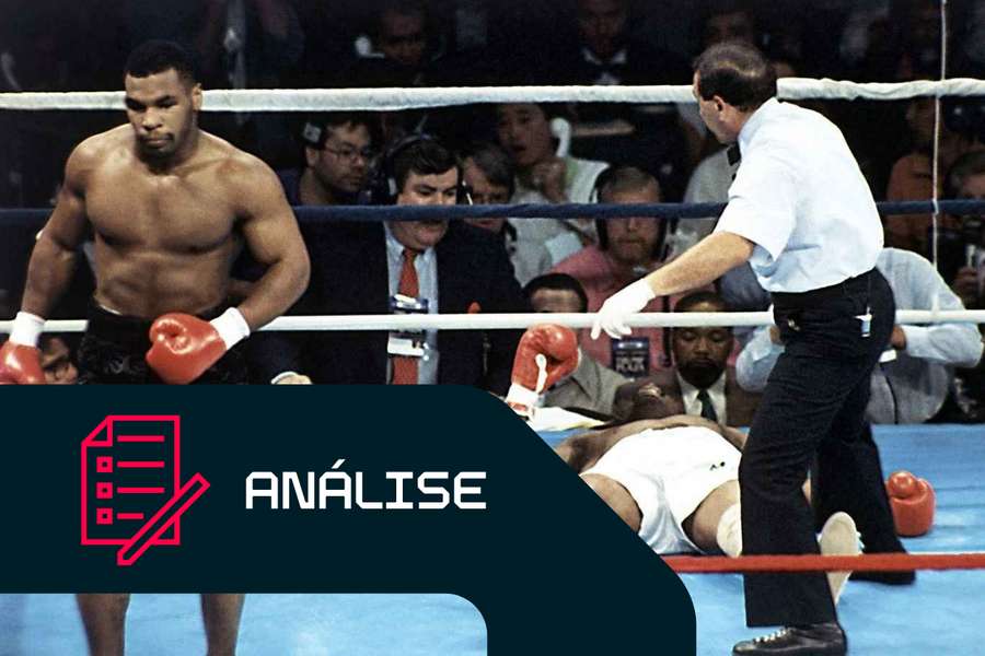 Michael Spinks no chão após receber um golpe de KO de Mike Tyson durante o combate de pesos pesados de 91 segundos em 1988 em Atlantic City