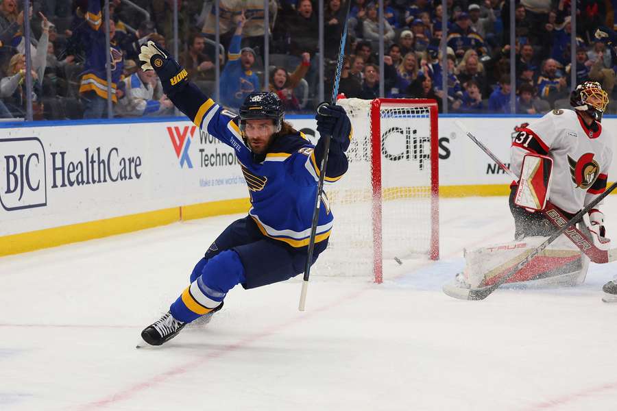 Brandon Saad celebrating a goal as a member of the St. Louis Blues (January 2025)