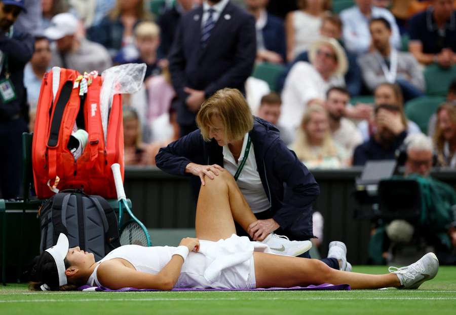 Emma Raducanu during a medical timeout in the third set