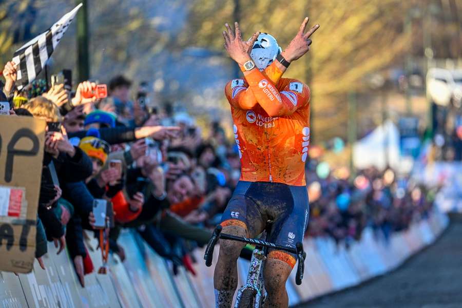 Mathieu van der Poel celebrated his seventh world title in fitting fashion Mathieu van der Poel celebrated his seventh world title in fitting fashion