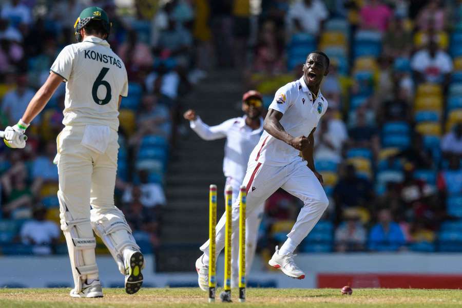 Sam Konstas is bowled by Shamar Joseph during the first Test against West Indies in Barbados. 