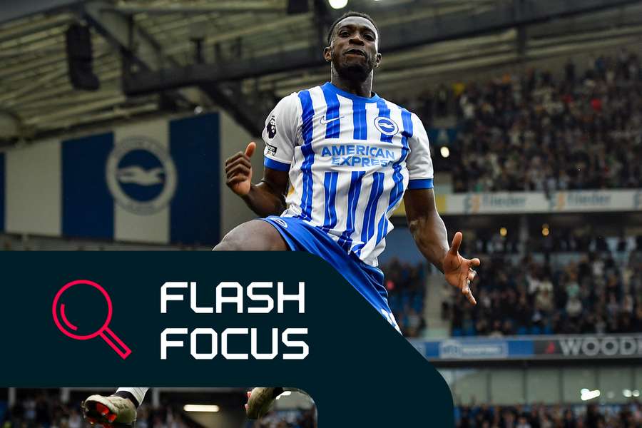 Danny Welbeck celebrates after scoring during the Premier League match between Brighton and Hove Albion and Nottingham Forest