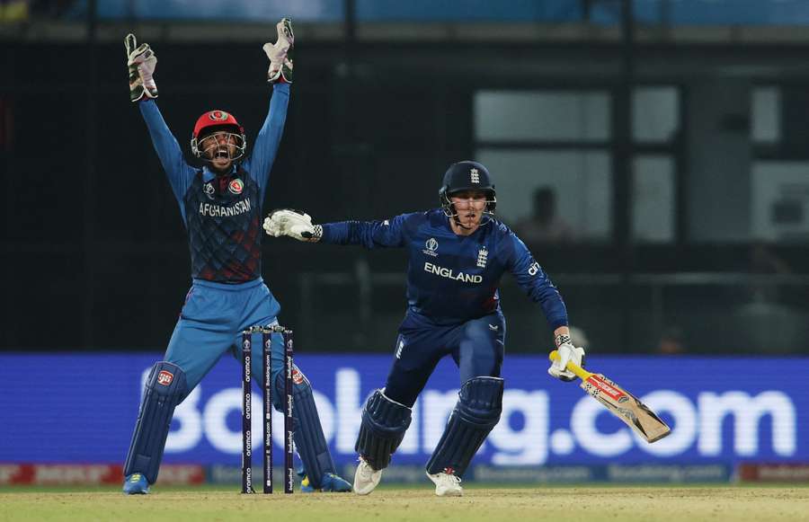 Afghanistan's Rahmanullah Gurbaz appeals unsuccessfully for the wicket of England's Harry Brook