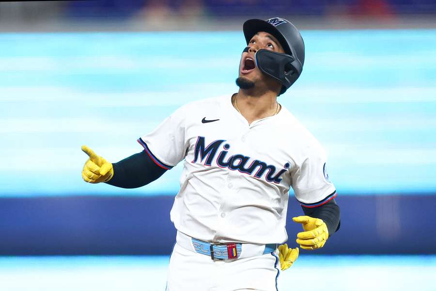 Maximo Acosta reacts after hitting his first MLB home run (2025)