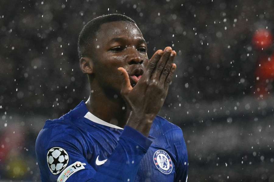 Moises Caicedo celebrates scoring Chelsea's second goal against Ajax in the 27th minute