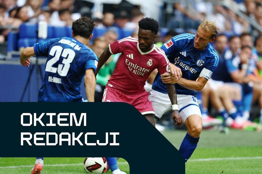 Mecz towarzyski przedsezonowy, 16 sierpnia 2026 r. Vinicius Junior z Realu Madrytu w akcji z Timo Beckerem ze Schalke 04. Mecz towarzyski przedsezonowy, 16 sierpnia 2026 r. Vinicius Junior z Realu Madrytu w akcji z Timo Beckerem ze Schalke 04.