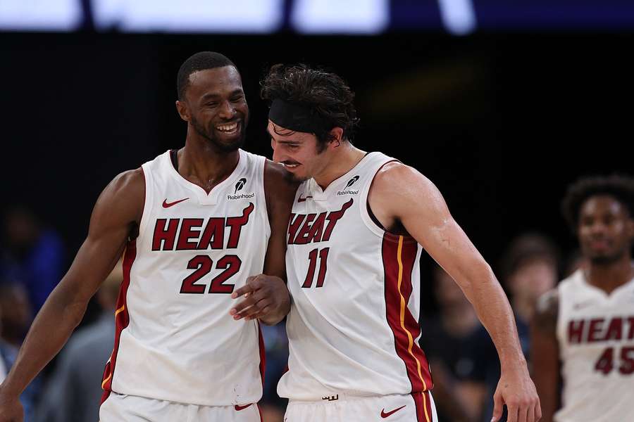 Miami Heat's Andrew Wiggins (left) and Jaime Jaquez Jr. (right) celebrate during game against Memphis Grizzlies Miami Heat's Andrew Wiggins (left) and Jaime Jaquez Jr. (right) celebrate during game against Memphis Grizzlies