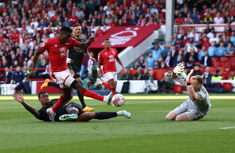 Nottingham Forest's Nigerian striker Taiwo Awoniyi scores the opening goal