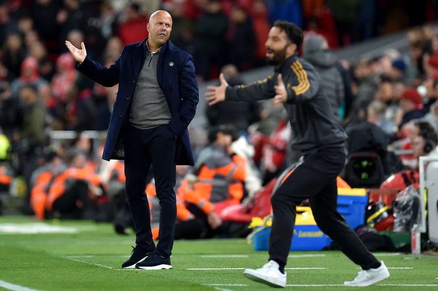 Arne Slot and Ruben Amorim react during Liverpool's match against Man Utd on Sunday Arne Slot and Ruben Amorim react during Liverpool's match against Man Utd on Sunday