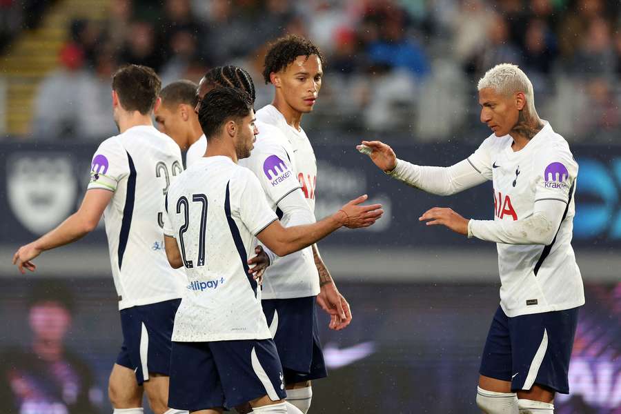 Tottenham striker Richarlison celebrates his goal (R) during the pre-season friendly against Auckland FC