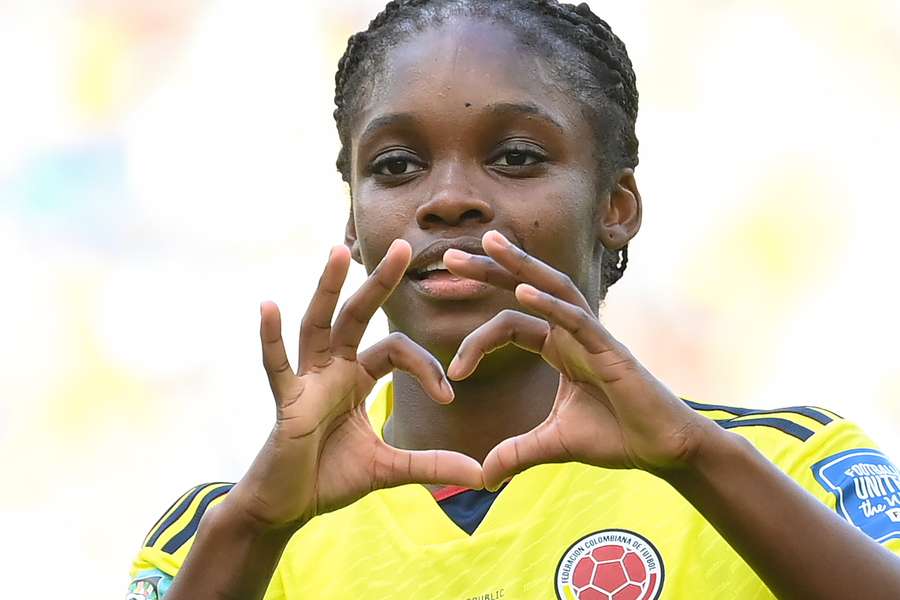 Colombia's forward #18 Linda Caicedo celebrates scoring her team's second goal against South Korea