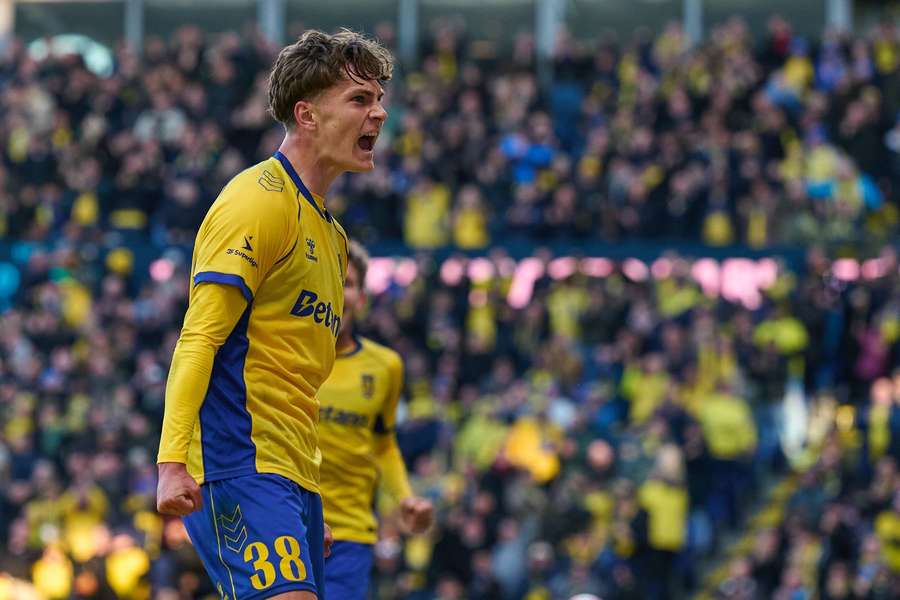 Brondby's Jacob Ambaek celebrates scoring against Sonderjyske