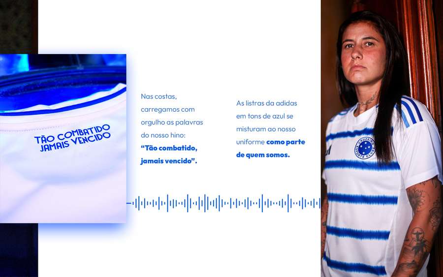 Na parte superior traseira da camisa está o trecho final do hino celeste Na parte superior traseira da camisa está o trecho final do hino celeste