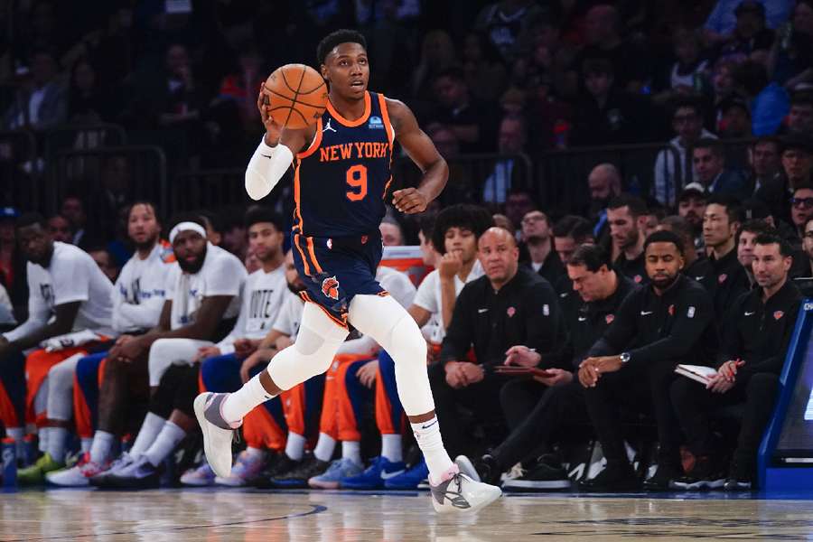 New York Knicks shooting guard RJ Barrett dribbles the ball up the court against the Los Angeles Clippers