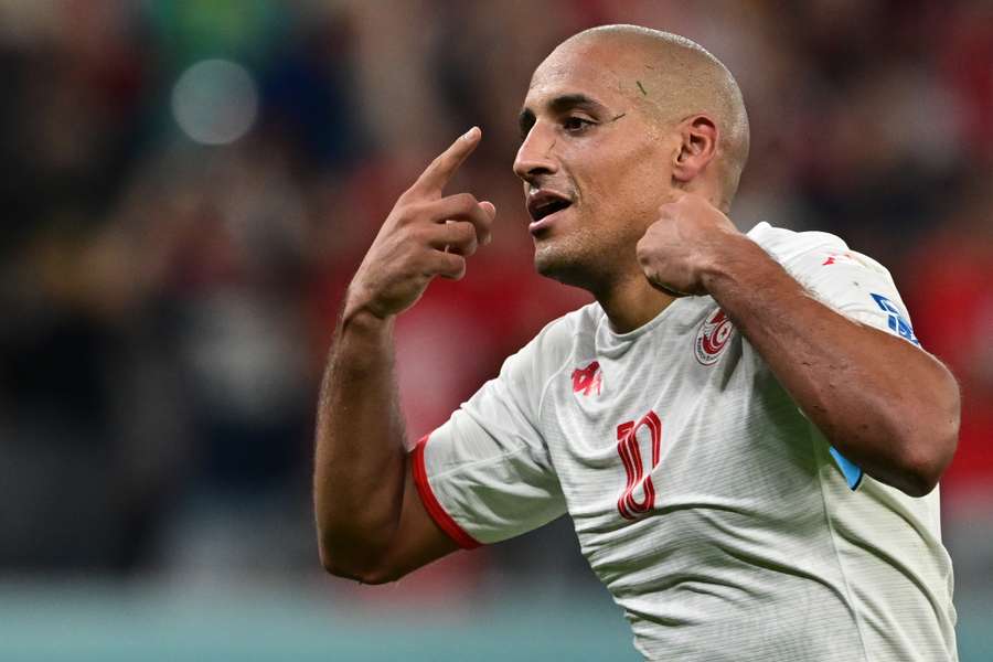 Wahbi Khazri celebrates after giving Tunisia a shock lead against France.
