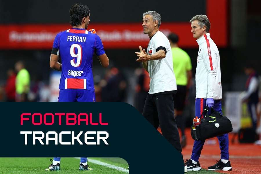 PSG goalscorer Ferran Torres with his manager Luis Enrique PSG goalscorer Ferran Torres with his manager Luis Enrique