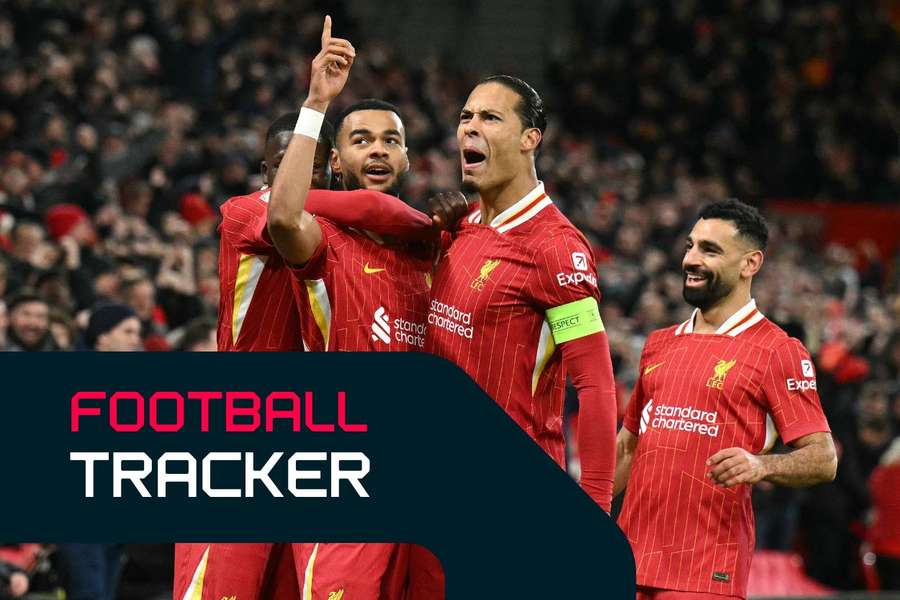Liverpool players celebrate after Cody Gakpo's goal against Real Madrid