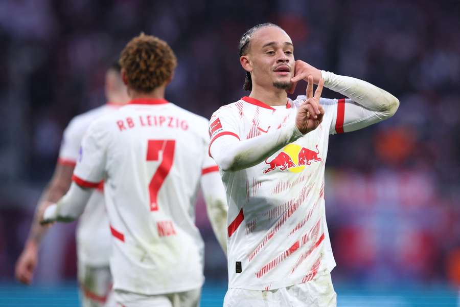 Xavi Simons (right) celebrating his goal for RB Leipzig