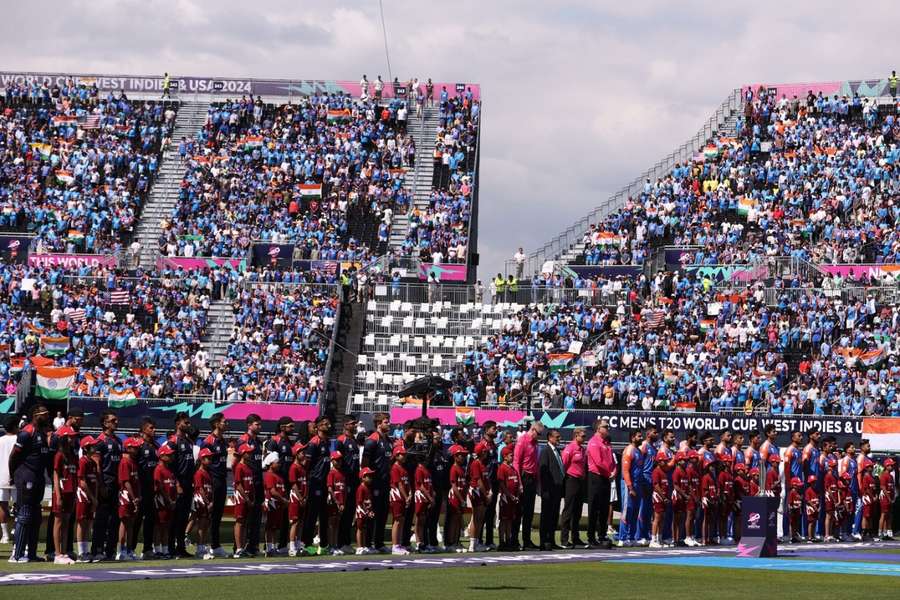 Players from USA's cricket team line up at the T20 World Cup